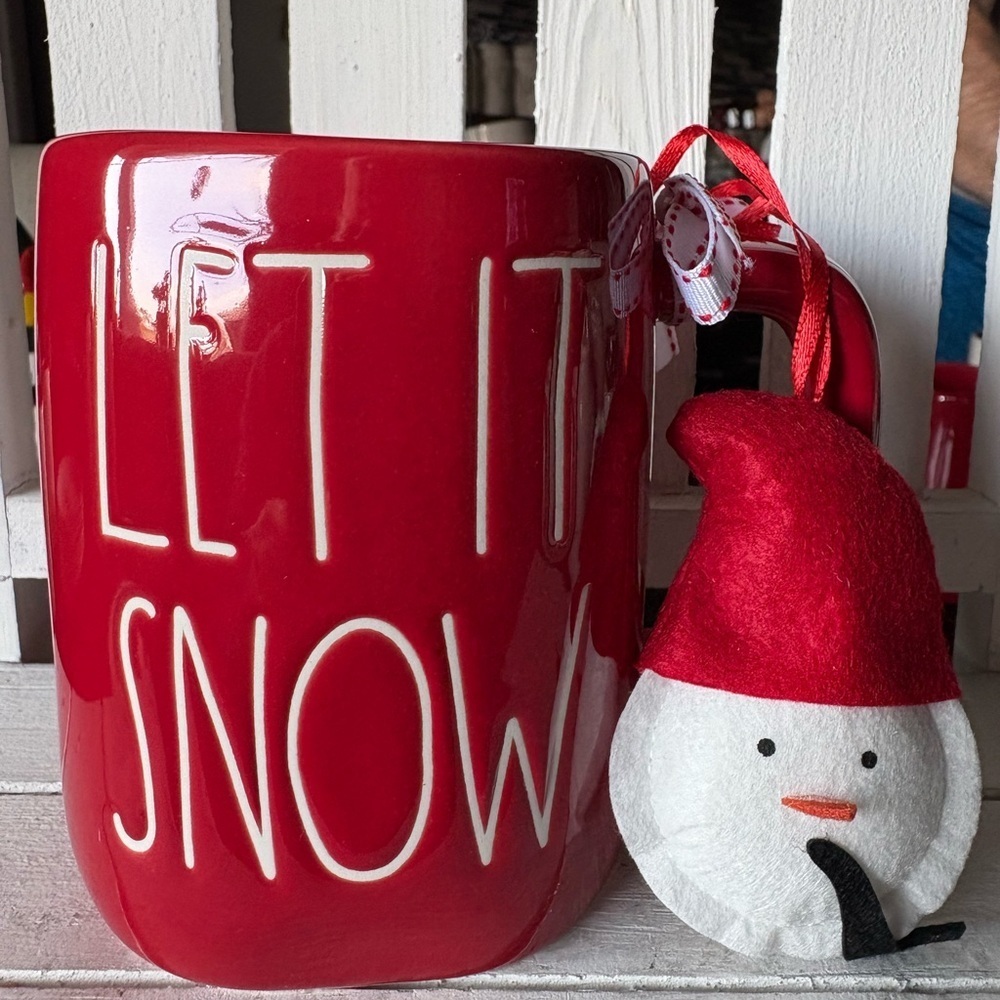 Rae Dunn Red 'Let It Snow' Mug with Snowman Ornament